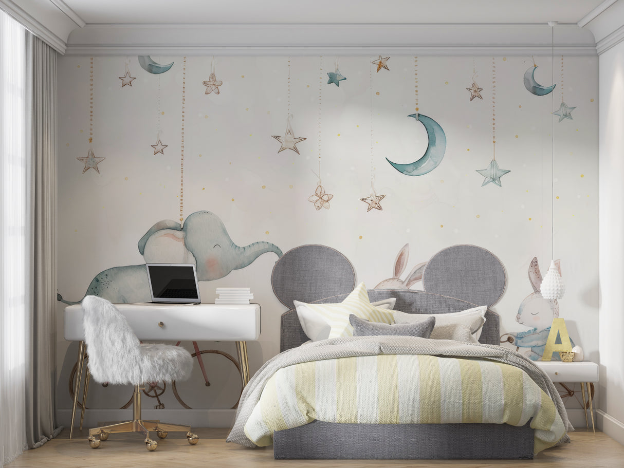 Fantasy kids wallpaper in Scandinavian style bedroom with pastel accents