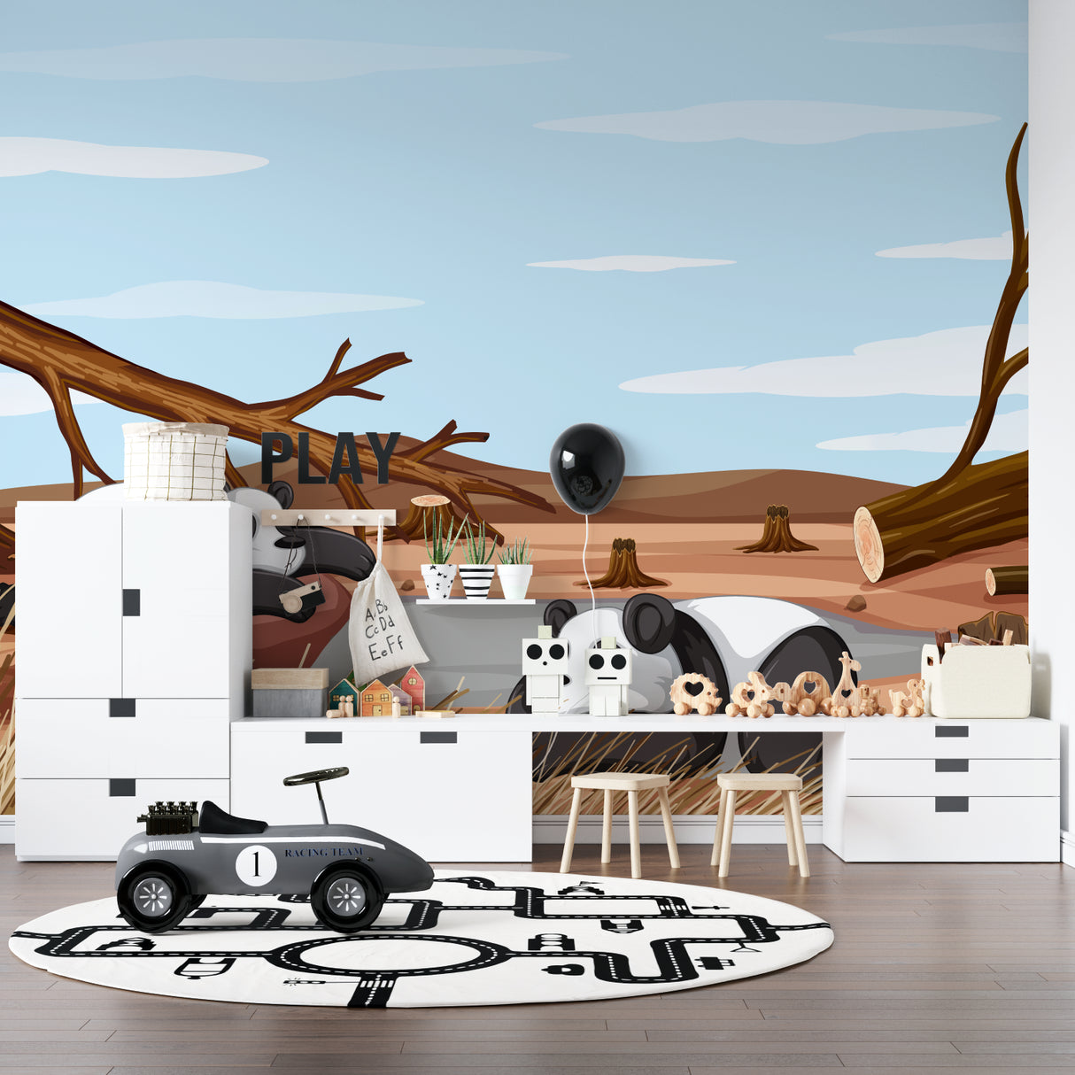 Woodland wall mural transforming a nursery with brown branches against blue sky, featuring a white crib