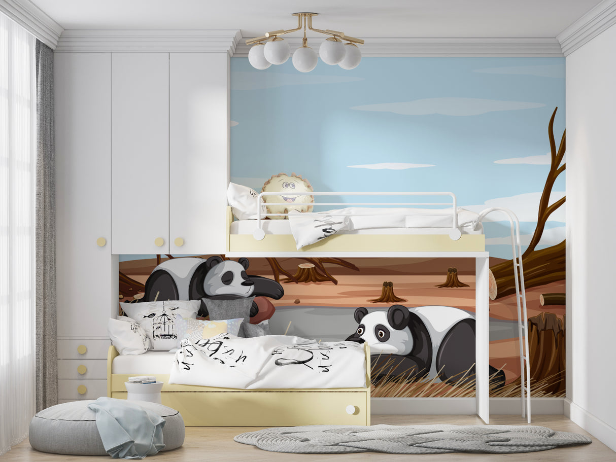 Forest themed playroom with blue sky wallpaper making the space feel open and bright