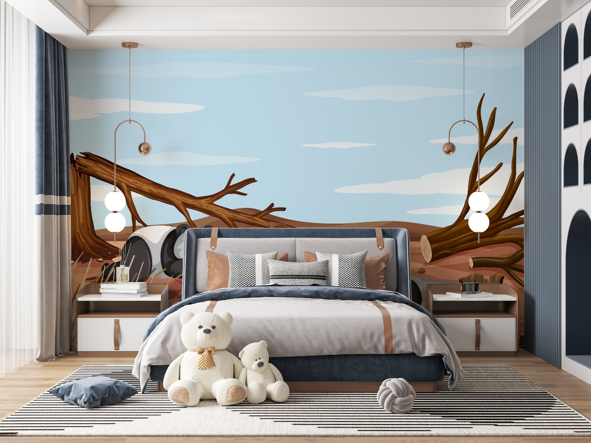 Nature inspired kids bathroom featuring forest wallpaper with brown branches and blue sky design