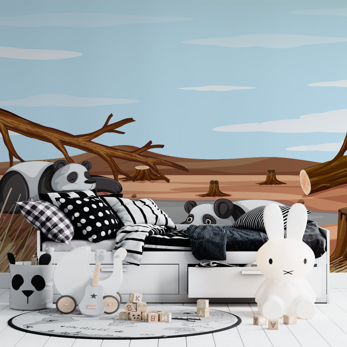 Forest wall mural in a modern home office creating a calm, nature-inspired workspace