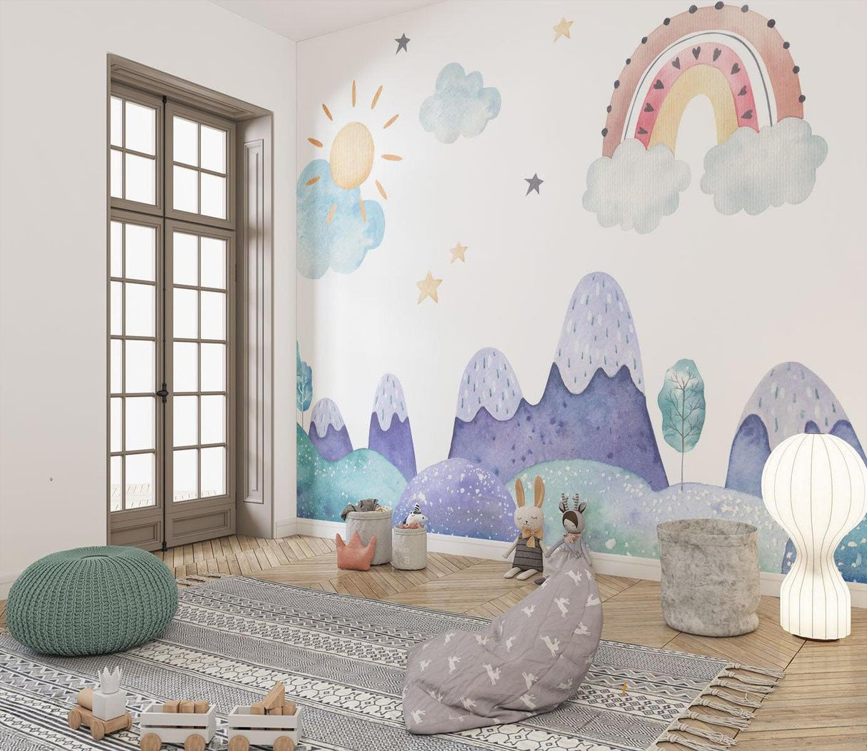 Rainbow mountain wallpaper brings color to a modern playroom with natural wood accents