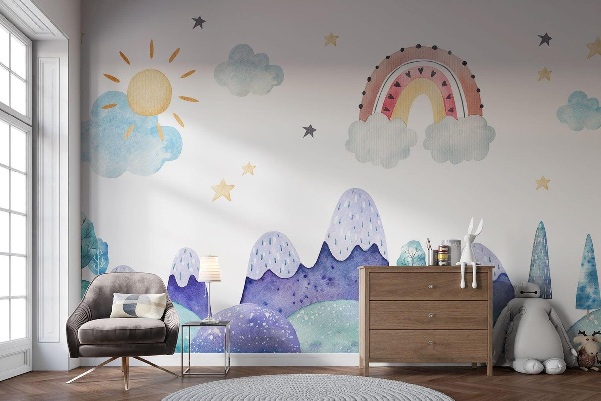 Kids mountain mural transforms a reading nook with soft watercolor design