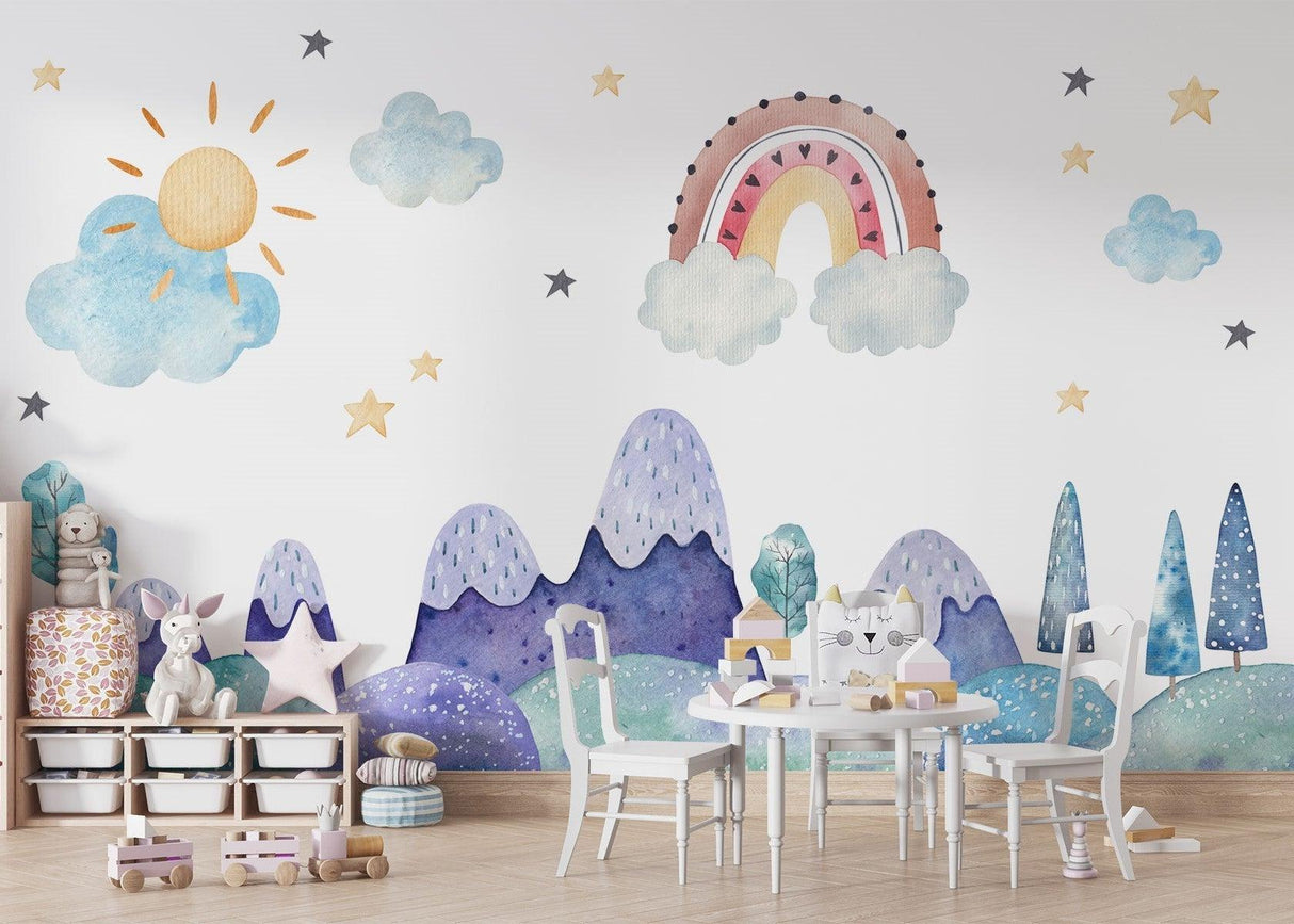 Watercolor mountain wallpaper adds whimsy to a shared kids bedroom