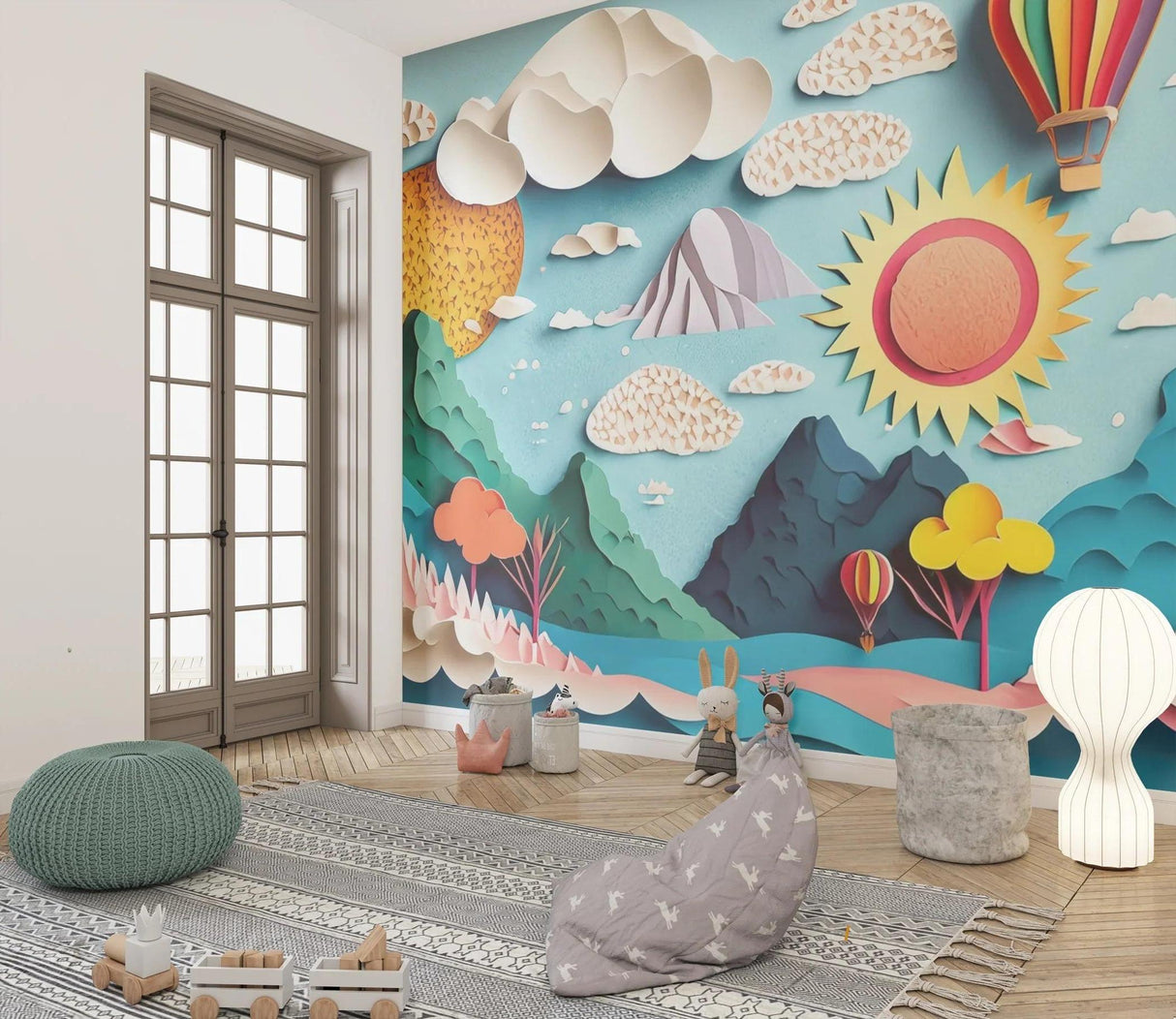 Mountain paper-cut wallpaper in a modern playroom setting, highlighting the turquoise sky and hot air balloons