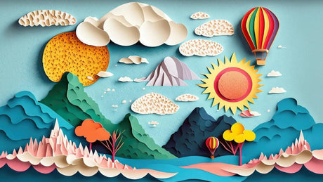 Design file of 3D paper-cut mountain landscape with hot air balloons and geometric patterns