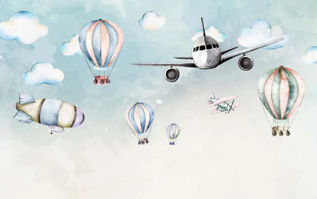 Aviation wallpaper design file showing detailed hot air balloons and airplanes in soft watercolor style