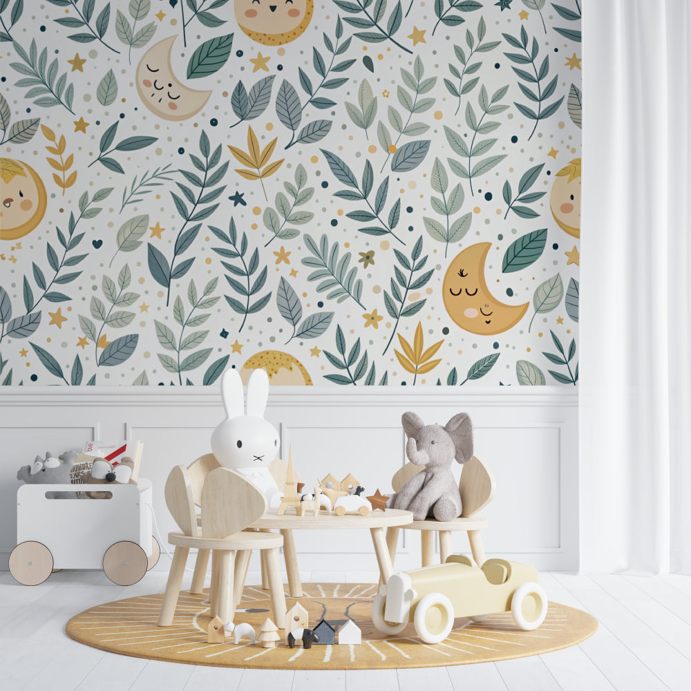 Moon and Stars Pattern Wallpaper creating a magical atmosphere in a children's reading nook