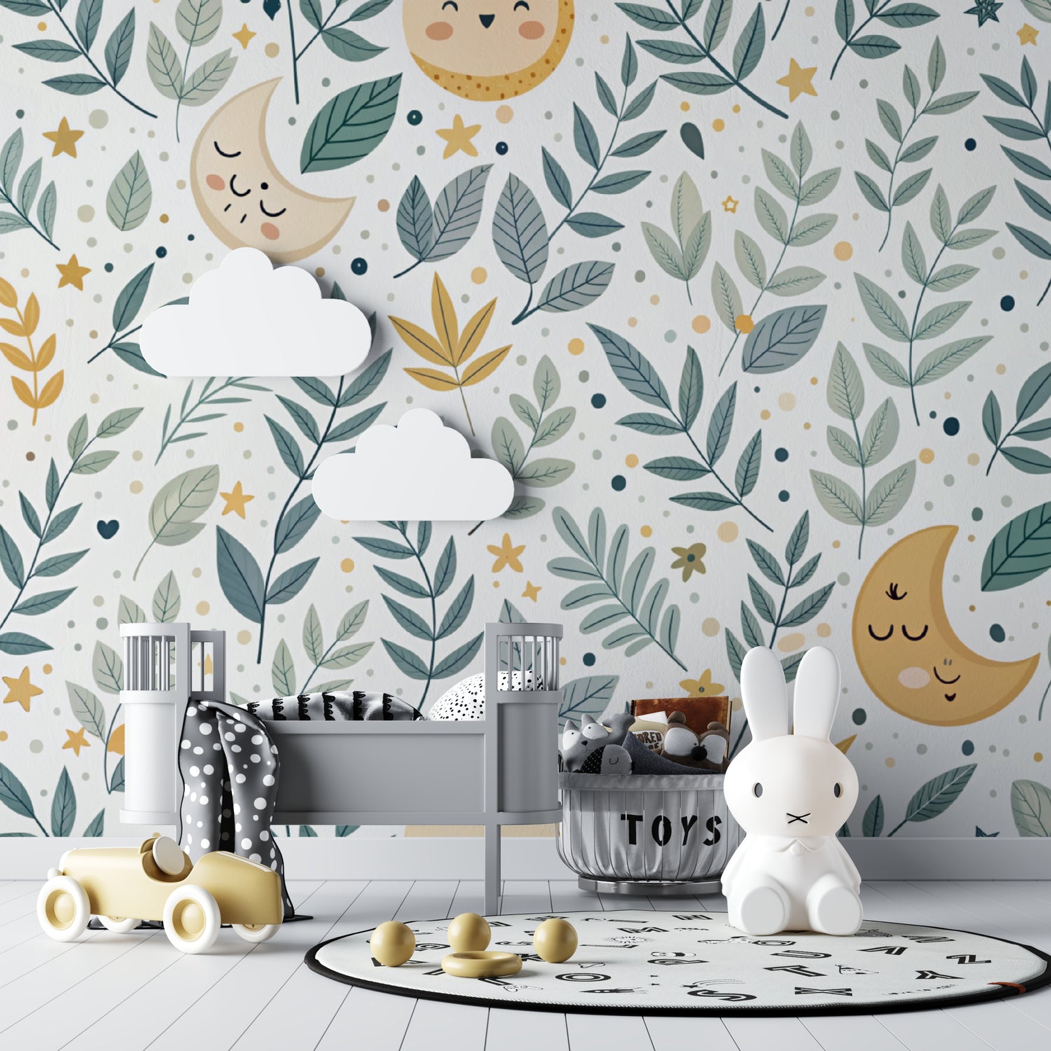 Botanical kids wallpaper with moons and stars in a modern playroom setting