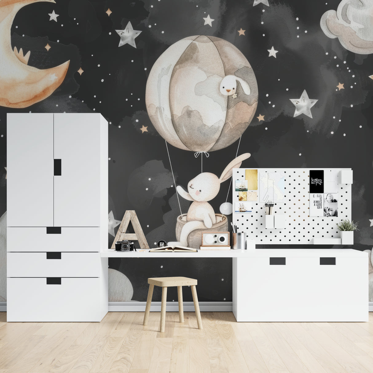 Bunny night sky wallpaper creating a magical atmosphere in a modern nursery with soft lighting
