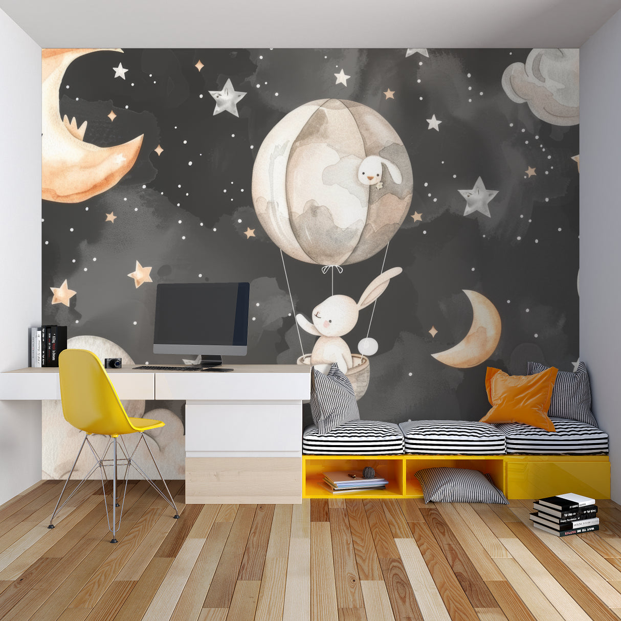 Kids bedroom featuring bunny hot air balloon wallpaper with matching decor