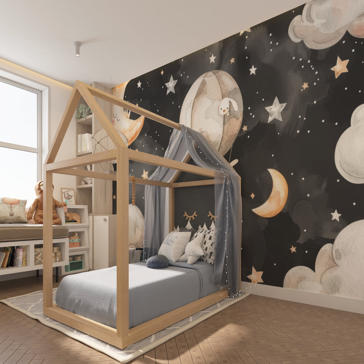 Nursery wall mural with bunny and moon design shown in natural daylight
