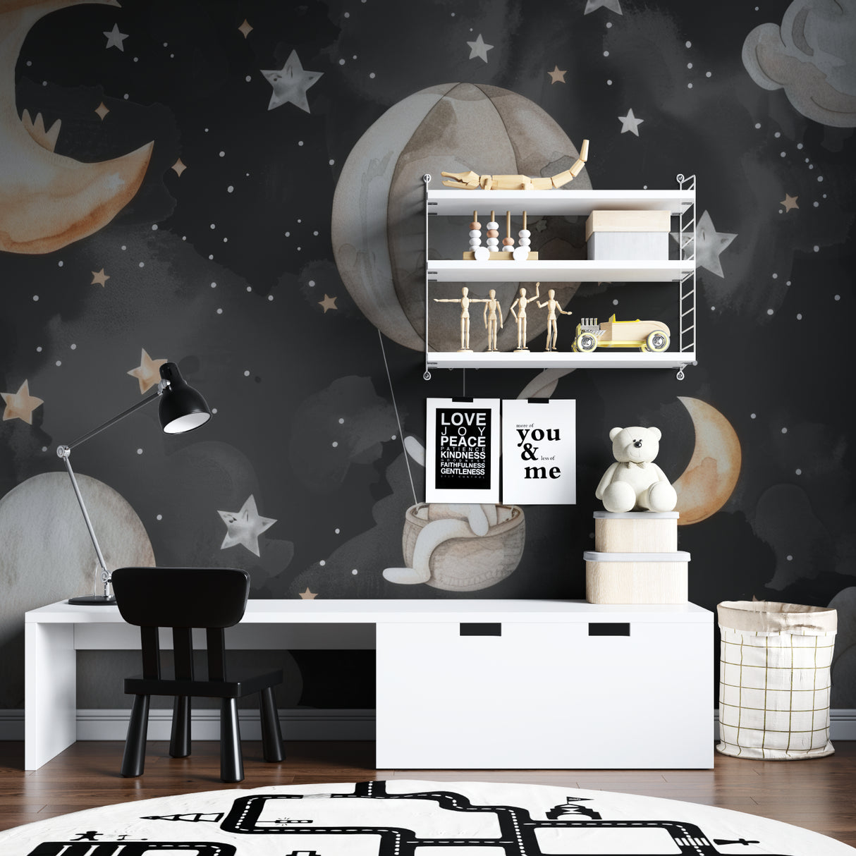 Night sky wallpaper with bunny theme styled in a contemporary children's room