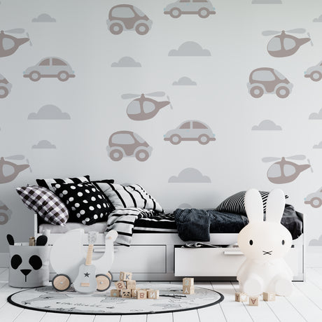 Transport wallpaper in modern nursery with rocking chair and soft lighting showing cars and helicopters pattern
