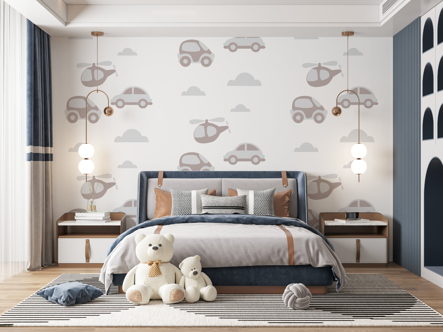 Vehicle pattern wallpaper in baby boy nursery with white furniture and mobile