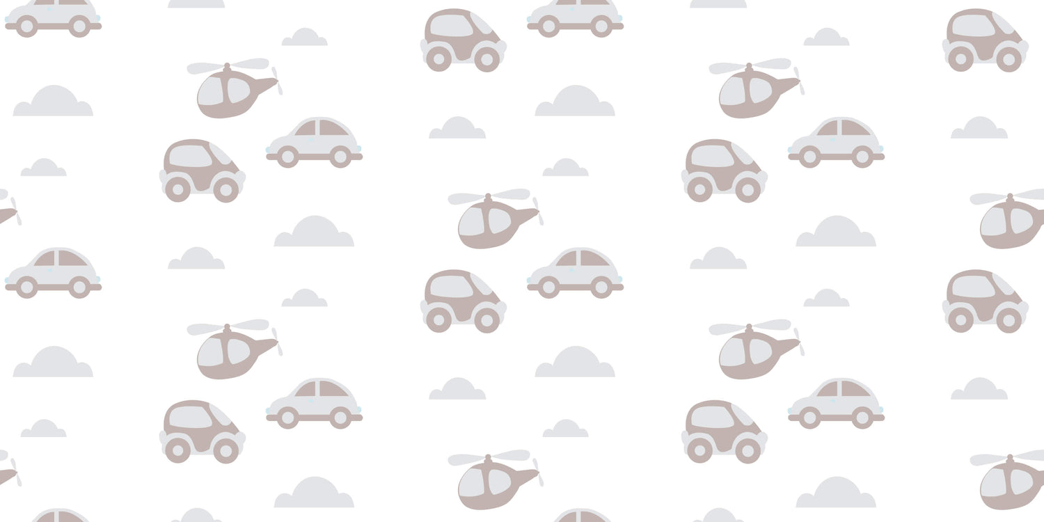 Design file showing beige cars and helicopters pattern with cloud motifs on light background