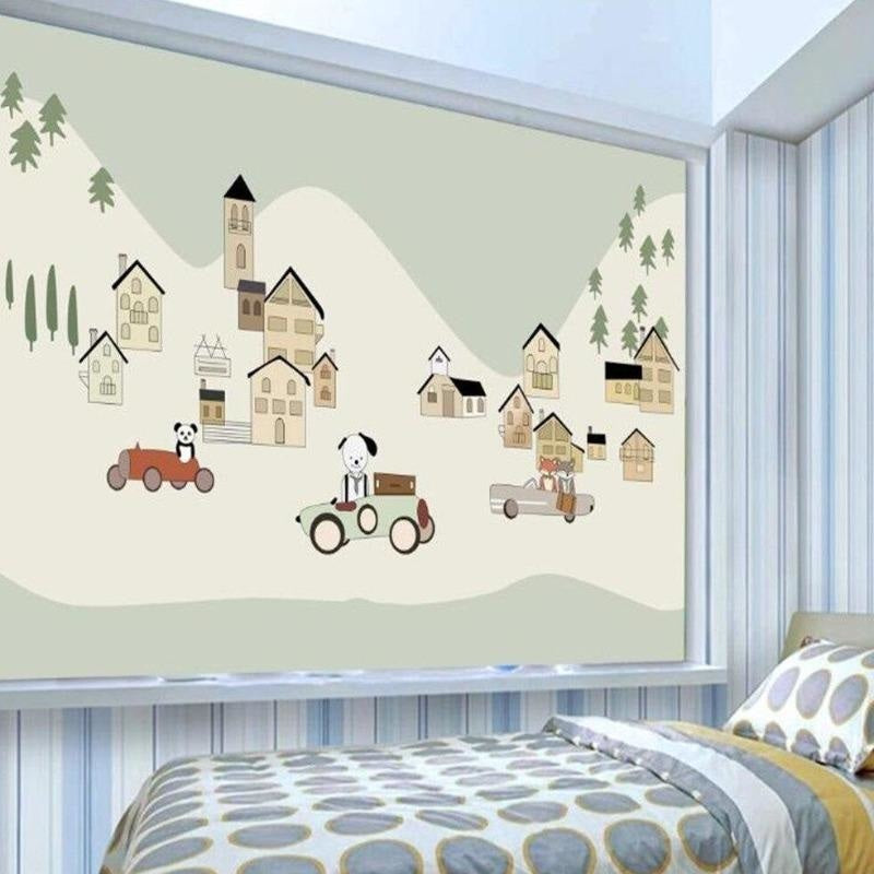 Kids car wallpaper bringing charm to a modern nursery, featuring cartoon vehicles and mountain scenery