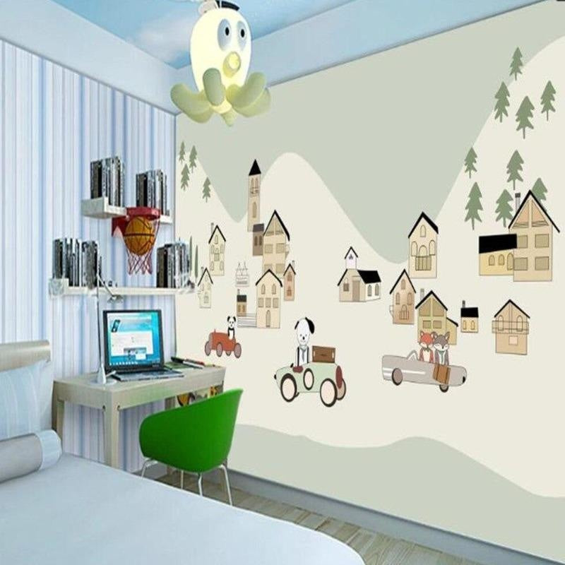 Mountain village mural displayed in a cozy reading nook, showing playful animals in vintage cars