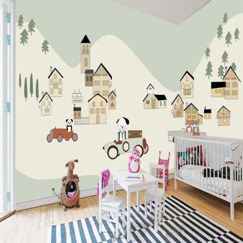 Children's cartoon wallpaper brightening a toddler's bedroom with sweet village scenes