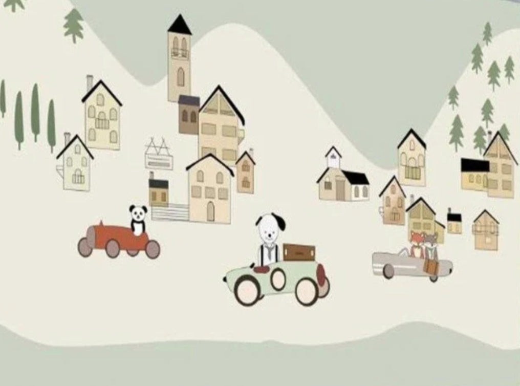 Design file showing full pattern of cartoon cars and village scene wallpaper