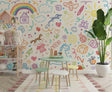 Kids Doodle Art Wallpaper creating a cheerful atmosphere in a modern playroom with natural lighting and creative play areas