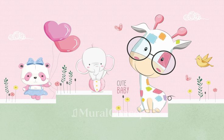 Baby animals wallpaper design file showing sweet giraffe and elephant characters