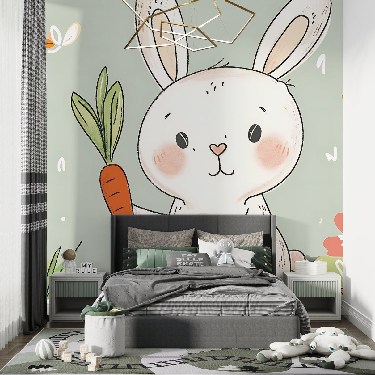 Bunny wallpaper bringing charm to a reading nook in a toddler's room