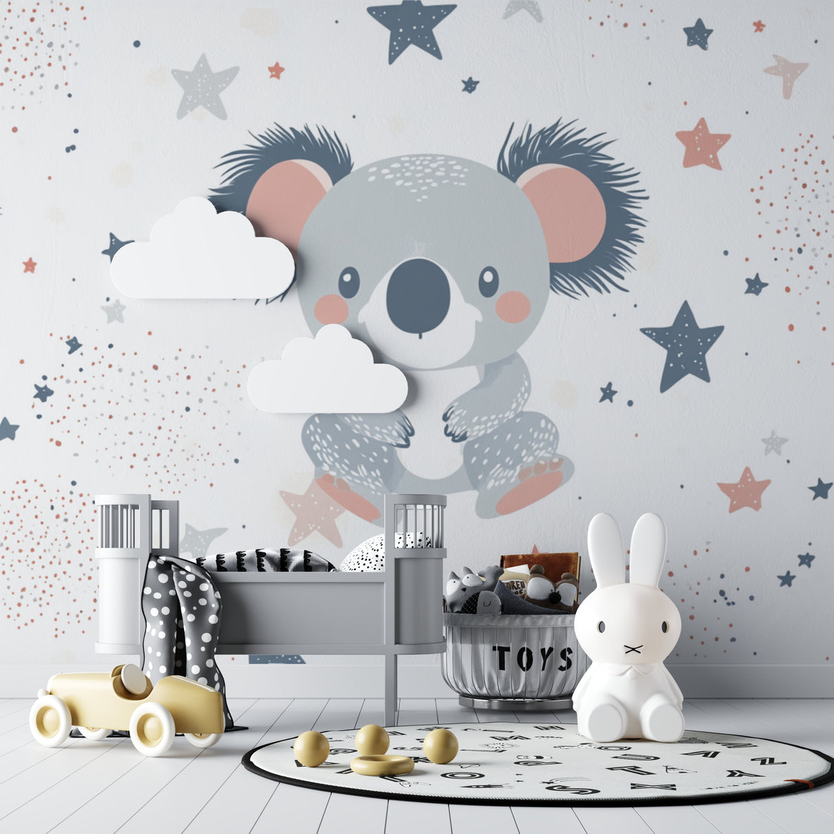Koala nursery wallpaper in a modern baby room with white furniture
