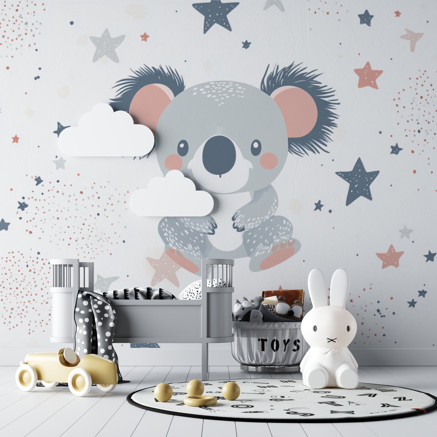 Koala nursery wallpaper in a modern baby room with white furniture