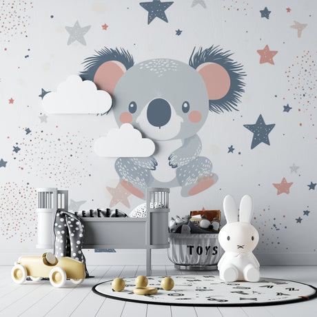 Koala nursery wallpaper in a modern baby room with white furniture