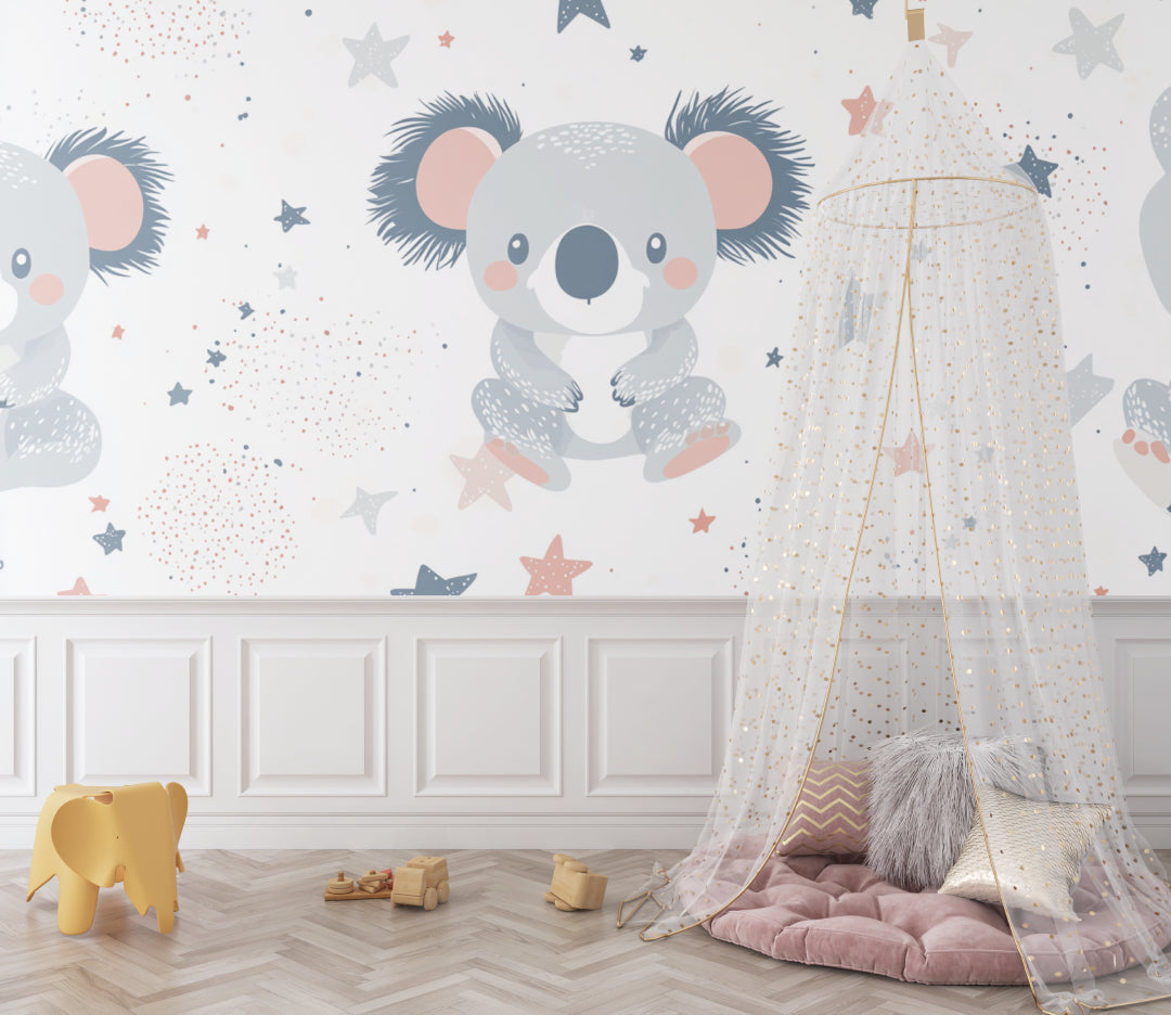 Kids bedroom featuring koala wall mural with reading nook