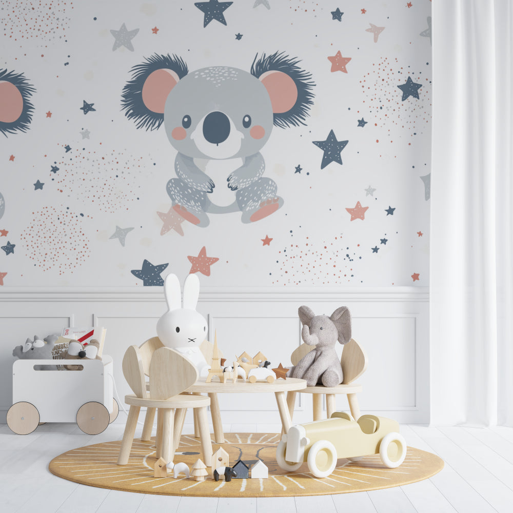 Nursery with koala star wallpaper and minimalist decor