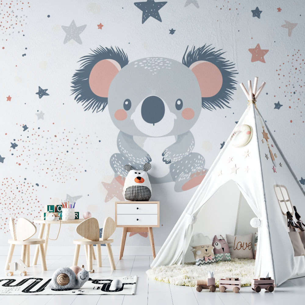 Toddler room showing koala mural wallpaper with crib setting