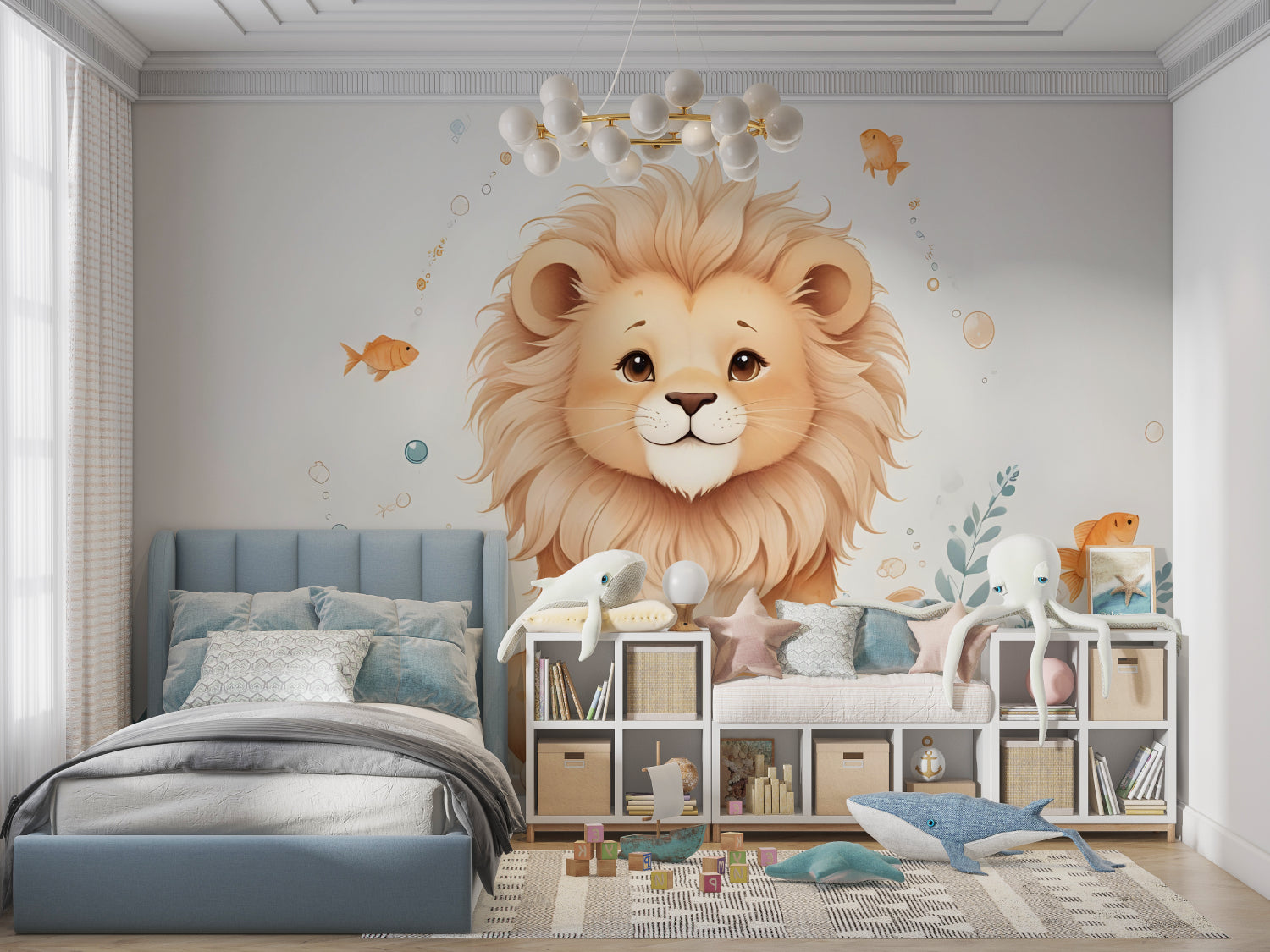 Safari Lion Wallpaper in baby room with matching decor elements