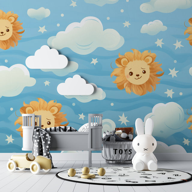 Lion wallpaper mural creating magic in a bright nursery with white furniture