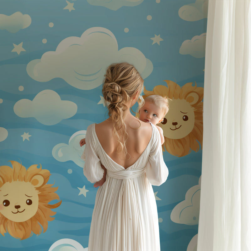 Kids bedroom with lion cloud wallpaper showing peaceful bedtime setting