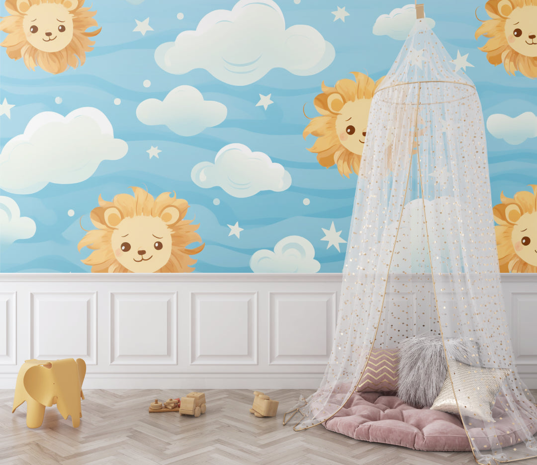 Playroom featuring lion and stars wallpaper with reading nook