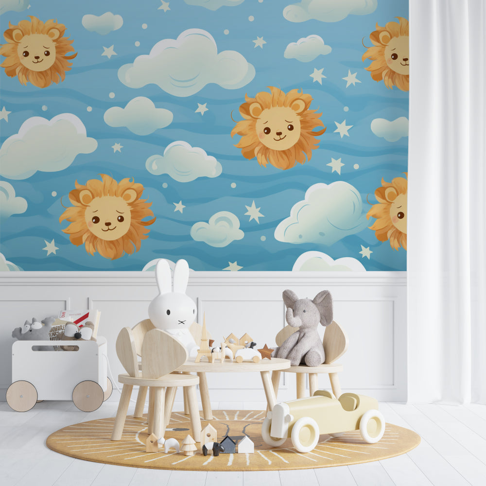 Lion wallpaper in baby room with crib and changing area