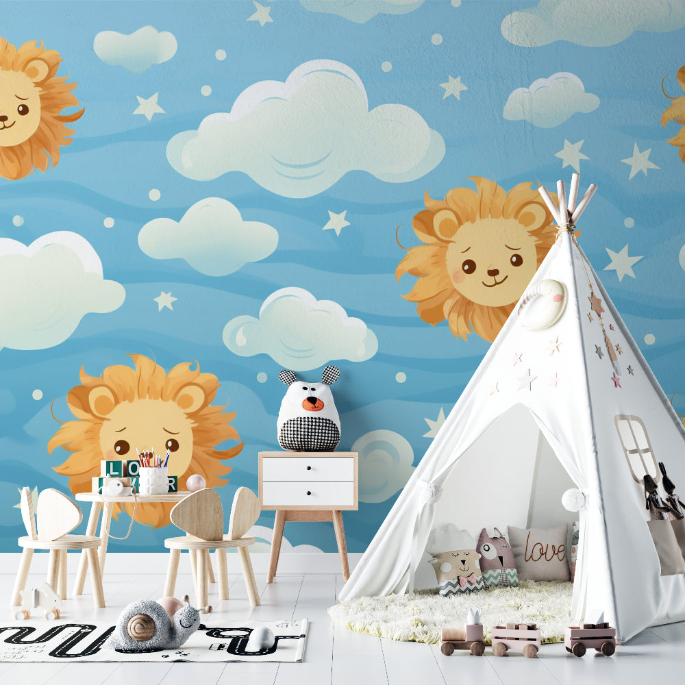Toddler bedroom with lion and clouds mural creating dreamy atmosphere