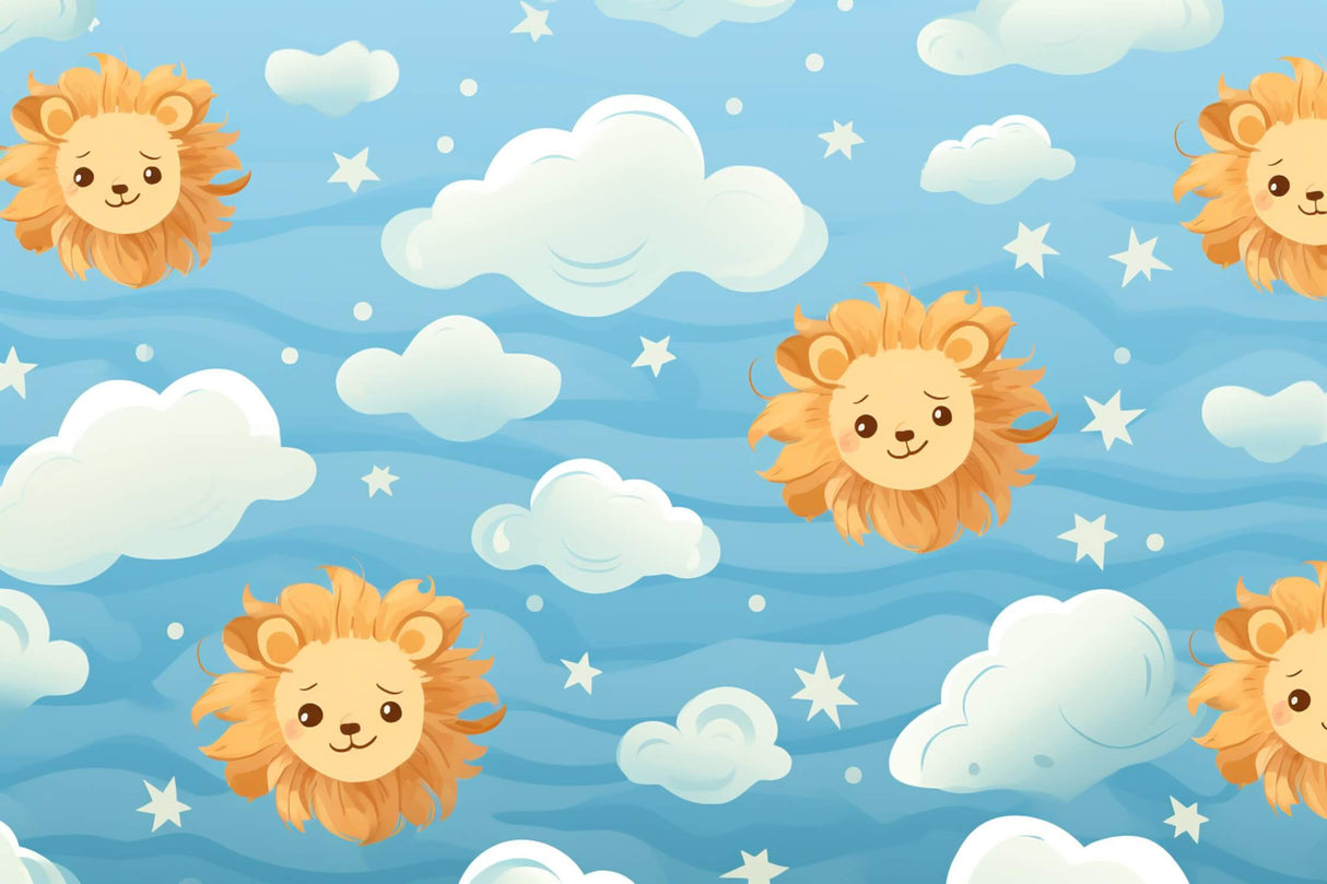 Design file of cute lions floating among clouds and stars pattern on sky blue background
