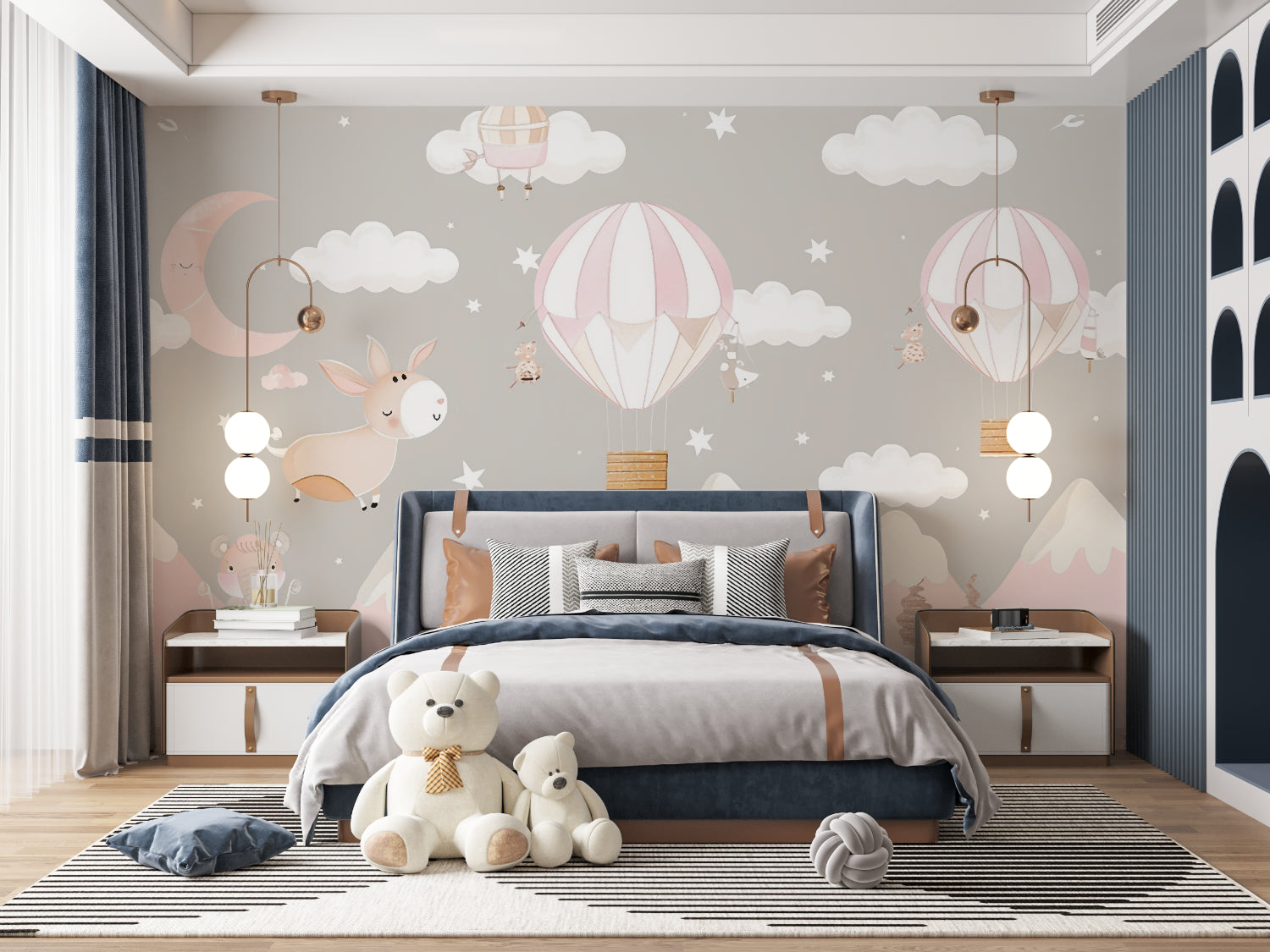 Hot air balloon nursery wallpaper in modern white nursery with pink rocking chair