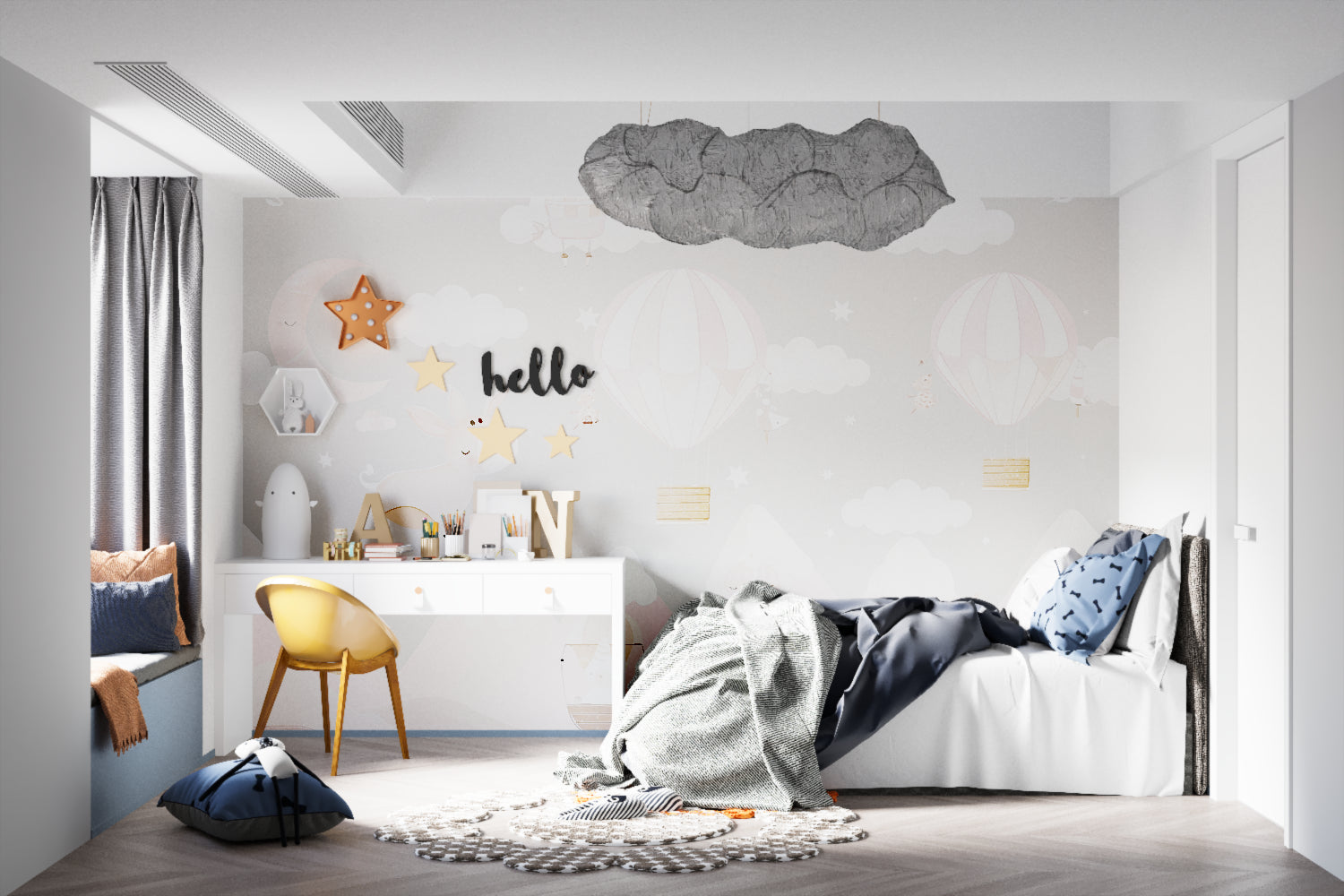 Pink hot air balloon wall mural in toddler bedroom with white furniture
