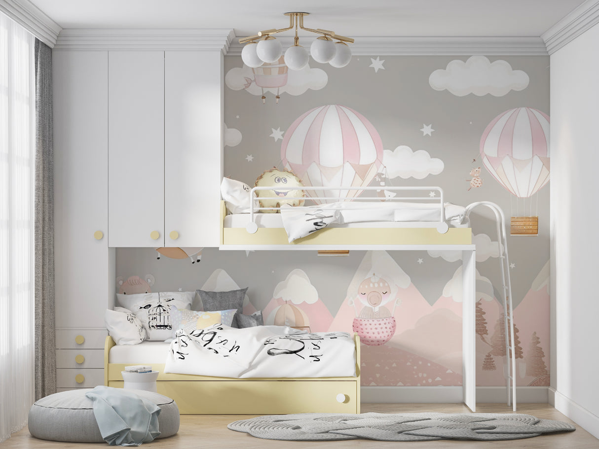 Pink nursery wallpaper with hot air balloons in modern bedroom