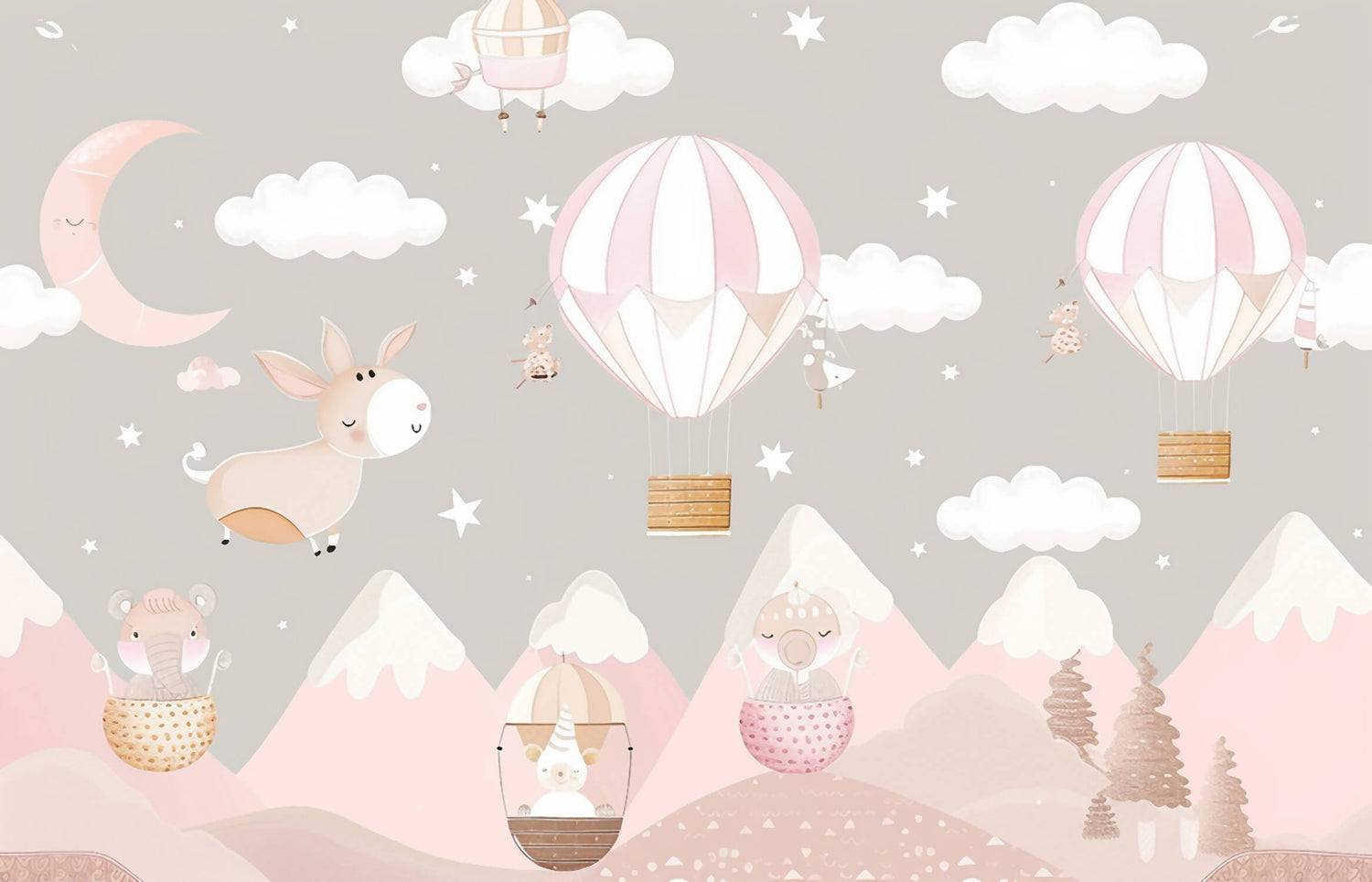 Hot air balloon and clouds design file with pink pastel tones and floating bunny pattern