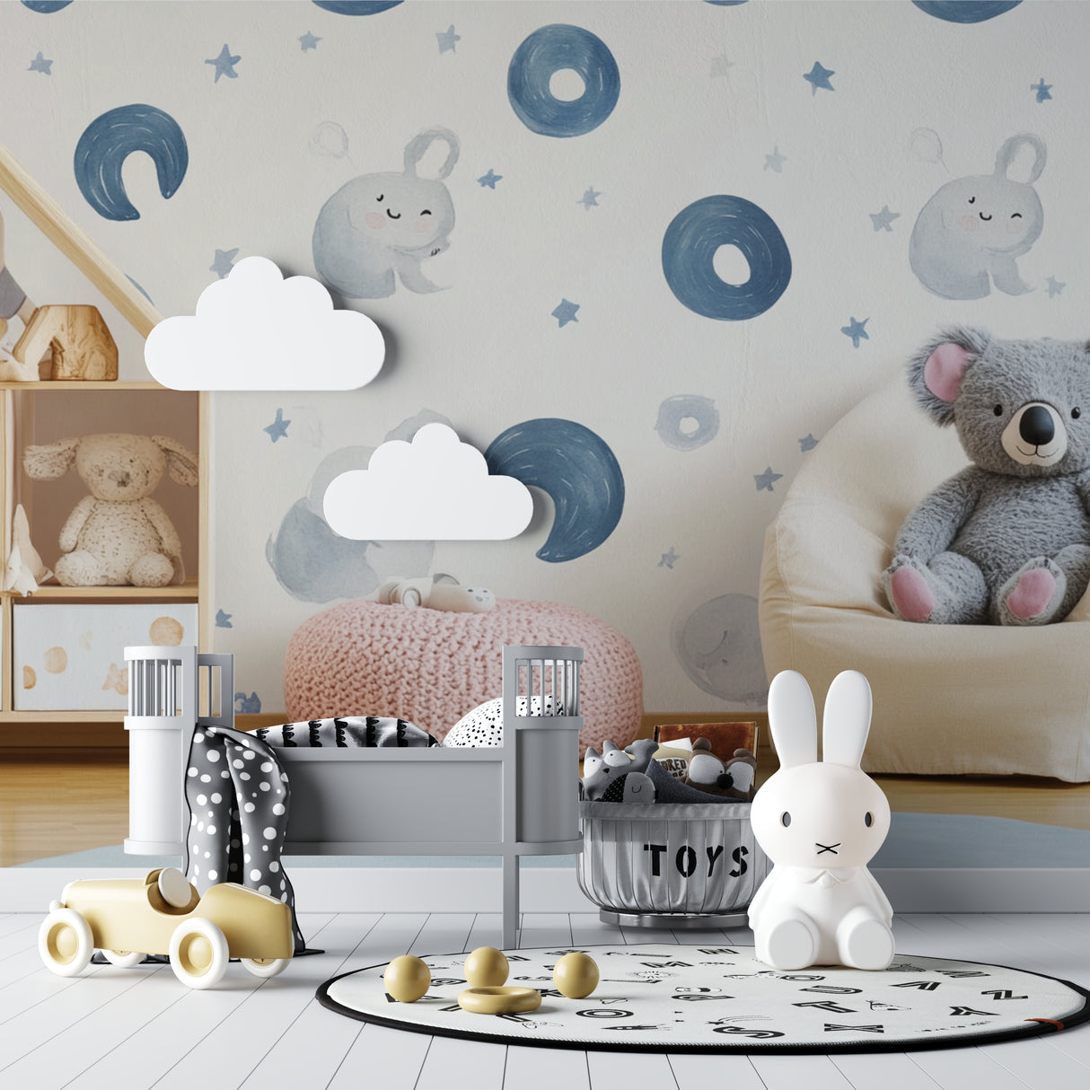 Dreamy koala wall mural in a toddler's bedroom with reading nook