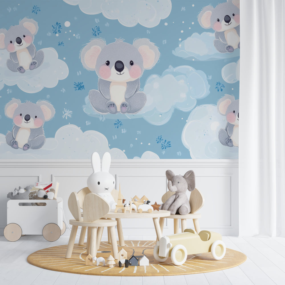Koala nursery wallpaper in a modern white nursery with natural wood furniture and soft lighting
