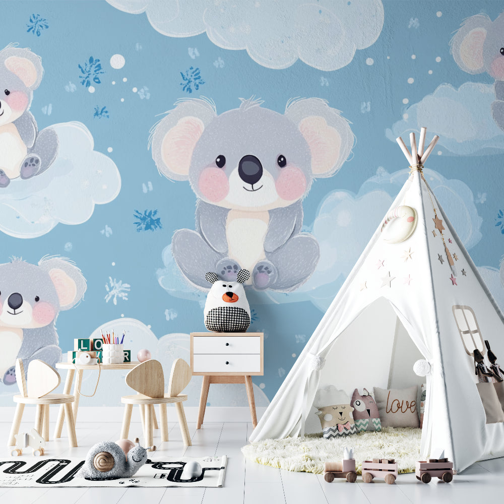 Koala cloud wallpaper creating a peaceful atmosphere in a toddler's reading nook