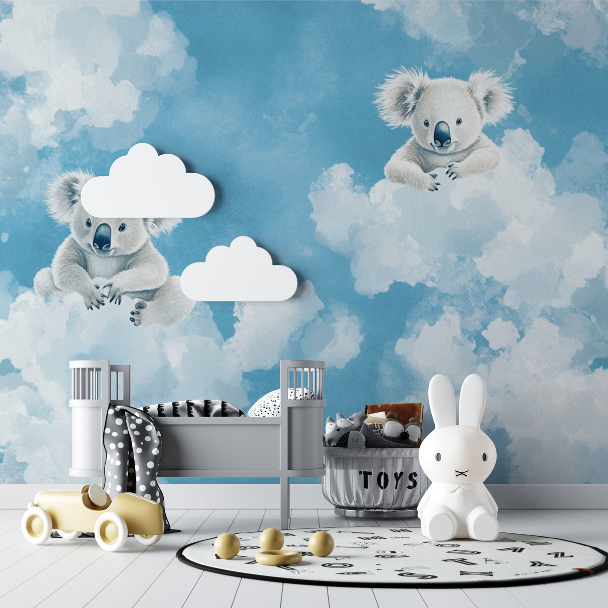 Playroom wall decorated with koala cloud wallpaper showing scale and room brightness