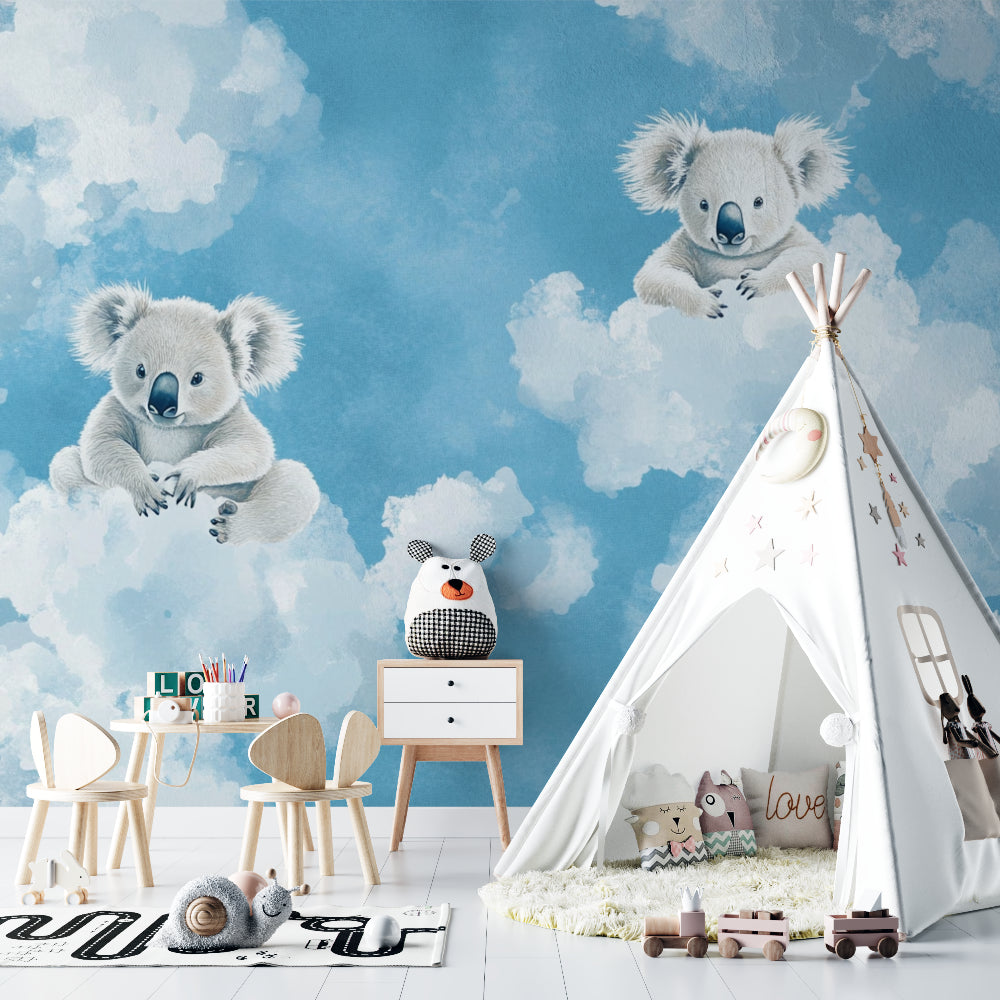 Close-up of koala wallpaper detail in a reading nook, highlighting the gentle color palette