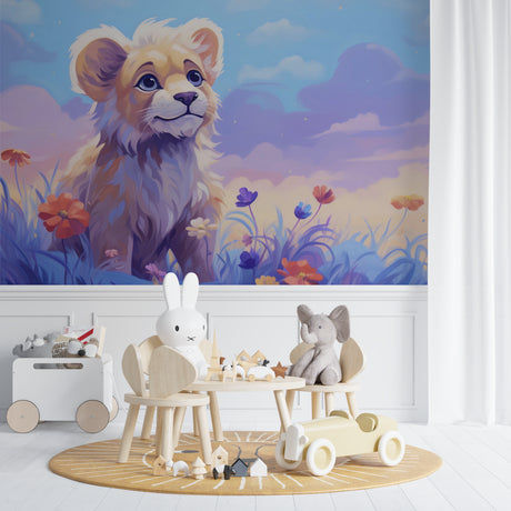Lion cub nursery wallpaper styled in a bright kids bedroom with white furniture and soft toys